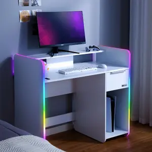 X-Rocker Electra RGB Gaming Desk 110cm Wide PC Computer Table Drawer Shelf App Controlled LED Lights & Wireless Charging - WHITE