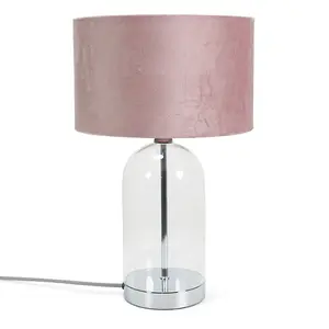 ValueLights Jessy Glass and Silver Chrome Metal Bedside Table Lamp with a Blush Pink Velvet Lampshade - Bulb Included