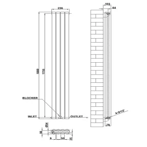 Vertical Anthracite Double Oval Panel Radiator (H)1800mm x (W)236mm, 4612 BTU.