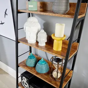 Home Source Urban Narrow 5 Tier Ladder Bookcase Shelving Storage Black and Rustic Wood Effect