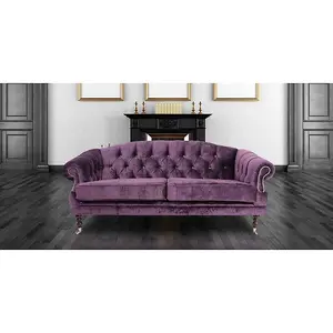 Chesterfield 3 Seater Elegance Aubergine Velvet Fabric Sofa In Victoria Style