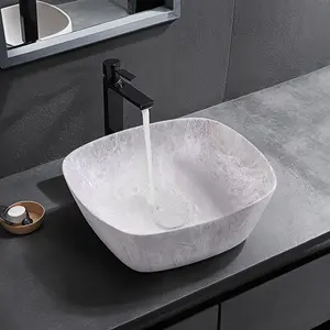 Square Rounded Corners White Ceramic Marble Effect Texture Countertop Basin Bathroom Sink W 410 mm