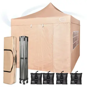 MCC Direct Maximus 3x3 Heavy Duty Pop up Beige Gazebo With Sides