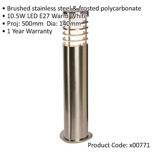 Modern Outdoor Bollard Light - 10.5W E27 LED - 500mm Height - Stainless Steel