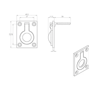 2x Flush Ring Recessed Pull Handle 63 x 48.5mm 8.5mm Depth Satin Chrome