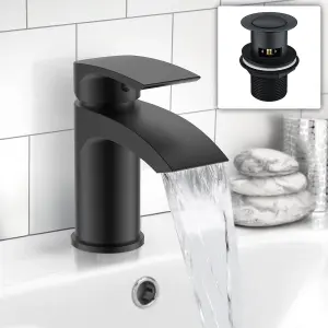 Nes Home Matt Black Mini Cloakroom Bathroom Basin Mono Mixer Tap With Waste