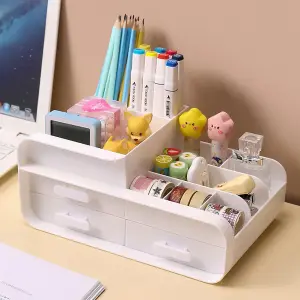 White 3 Drawers Multifunctional Plastic Makeup Storage Desk Organizer for Stationery Marker Pens