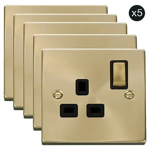 5 PACK - Satin / Brushed Brass 1 Gang 13A DP Ingot Switched Plug Socket - Black Trim - SE Home