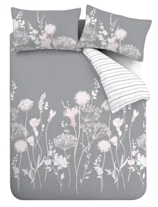 Catherine Lansfield Bedding Meadowsweet Floral Duvet Cover Set with Pillowcase Pink Grey