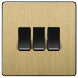 British General 20A 2 way 3 gang Triple light Screwless Switch Satin Brass effect