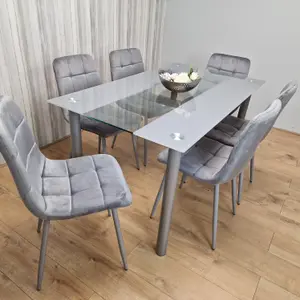 Grey Clear Glass Dining Table With 6 Grey Tufted Velvet Chairs Dining Set