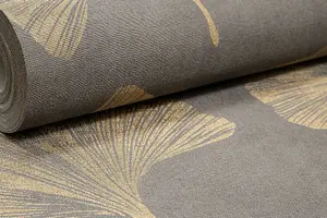 Arthouse Ginkgo Leaf Mocha Brown Metallic Gold Motif Leaves Vinyl Wallpaper