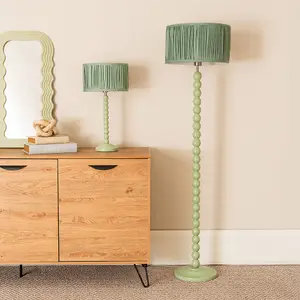 ValueLights Bobbins Sage Green Table Lamp with Ruched Pleated Green Drum Lamp Shade