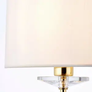 Dimmable Twin Wall Light Brass Glass White Fabric Shade Curved Arm Lamp Fitting