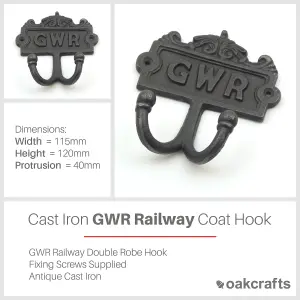 Oakcrafts - Antique Cast Iron Vintage Style GWR Twin Coat Hook - 110mm x 120mm