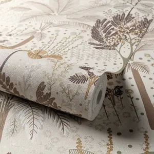 Grandeco Louan Floral Foliage Metallic Textured Wallpaper Neutral