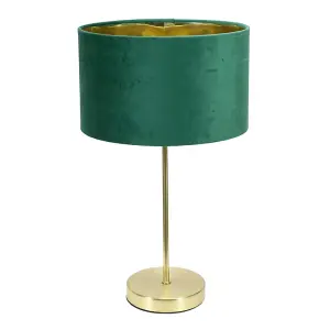 ValueLights Charles Gold Stem Table Lamp with Forest Green Velvet with Gold Inner Lamp Shade