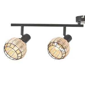 First Choice Lighting Set of 2 Goa Black and Natural Rattan 4 Light Ceiling Spotlight Bars