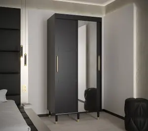 Tromso II Modern Mirrored 2 Sliding Door Wardrobe Gold Handles Panelled Door 5 Shelves 2 Rails Black (H)2080mm (W)1000mm (D)620mm