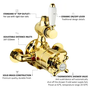 ENKI Downton English Gold White Traditional Top Outlet Brass Thermostatic Twin Shower Valve T70