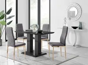 Furniturebox Imperia 4 Modern Black High Gloss Dining Table and 4 Grey Velvet Milan Gold Leg Chairs