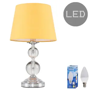 ValueLights Gatto Chrome & Acrylic Ball Touch Table Lamp with Mustard Tapered Light Shade - with 5w LED Candle Bulb In Warm White