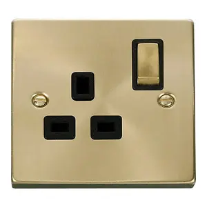 Satin / Brushed Brass 1 Gang 13A DP Ingot Switched Plug Socket - Black Trim - SE Home