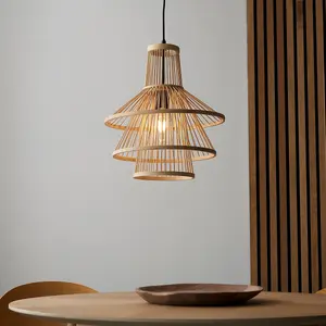 Luminosa Minato Single Pendant Ceiling Lamp, Natural Bamboo, Matt Black