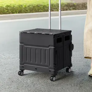 Black Collapsible Rolling Protable Crate with Magnetic Lid and Adjustable Handle 45cm H