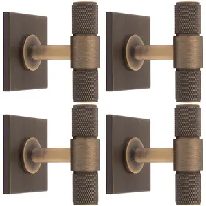 4 PACK - Knurled T Bar Cabinet Door Knob & Matching Backplate - Antique Brass 40 x 40mm