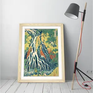 Hokusai Kirifuri Waterfall Picture Japanese - Single Picture Frame Painting on Canvas White Frame / 64cm H x 47cm W x 2cm D 