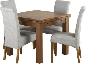 Handmade 100% Solid Sherwood Rustic Oak 3ft Extending Table And 4 Scroll Back Plain Grey Fabric Chairs - Oak Furnitureland