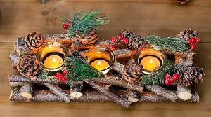 Christmas Tealight Candle Holder Decoration Tea Light Glass Votive Pinecones Xmas Home