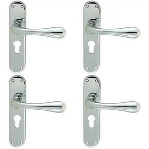 4 PACK - Rounded Flaired Latch & EURO Lock Door Handle - Polished Chrome Lever Backplate