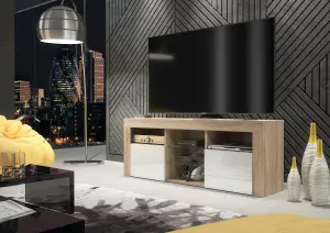 Pulse TV Unit 145cm Oak and White High Gloss Doors with LED Lighting - Creative Furniture