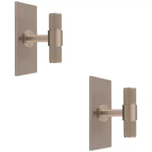 2 PACK - Reeded T Bar Cabinet Door Knob & Matching Backplate Lined Satin Nickel 76 x 40mm