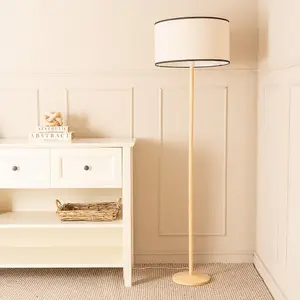 ValueLights Triston Natural Light Wood Stem Floor Lamp with Linen Black Trim Drum Shade