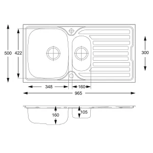 Cookology CARRARA 1.5 Bowl Sink Inset Reversible with Side Drainer - Stainless Steel