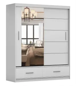 Florence Matt White Mirrored Sliding Door Wardrobe 1500mm H2350mm D600mm - Elegant Storage Solution - Two Drawers and Six Shelves