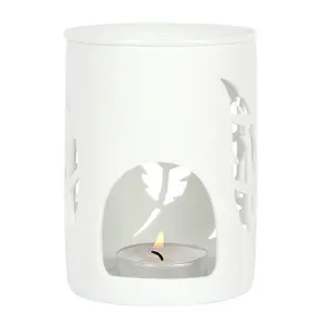 White Ceramic Oil Burner and Wax Melter. Cut-out Feather Design (Dia) 9 cm