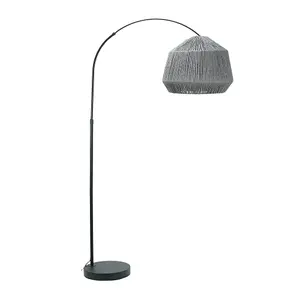 ValueLights Louis Black Arched Curved Floor Lamp with Grey Rope Dome Lamp Shade and LED Bulb