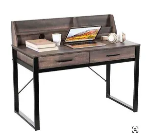 Reusch Dark Walnut Effect Writing Study Desk with Drawers and Hutch