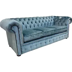 Chesterfield Handmade 3 Seater Sofa Settee Boutique Sky Blue Velvet Fabric In Classic Style