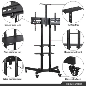 Yaheetech Black Height Adjustable Mobile TV Stand with Lockable Wheels and Storage Shelves