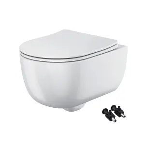 Bubly Bathrooms™ White D Shape Rimless 2.0 Wall Hung Toilet Pan & Soft Close Seat - Hidden Fixation