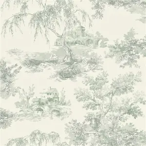 Grandeco French Vintage Toile Trees  Smooth Wallpaper, Green