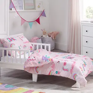 Bloomsbury Mill - Magic Unicorn Kids Toddler Cot Bed Duvet Cover and Pillowcase Set for Girls - Cot Bed - 150 x 120cm