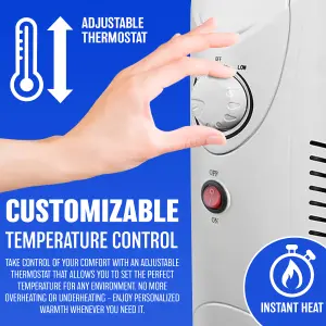 Black Mini 700W Oil Filled Radiator Portable Electric Thermostat 6 Fin Heater Compact