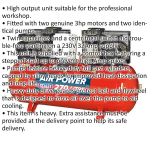 270 Litre Dual Motor Belt Drive Air Compressor with Cast Cylinders for Professional Use