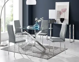 Furniturebox Leonardo 4 Seat Rectangular Glass Dining Table with Silver Metal Legs & 4 Grey Milan Faux Leather Silver Leg Chairs